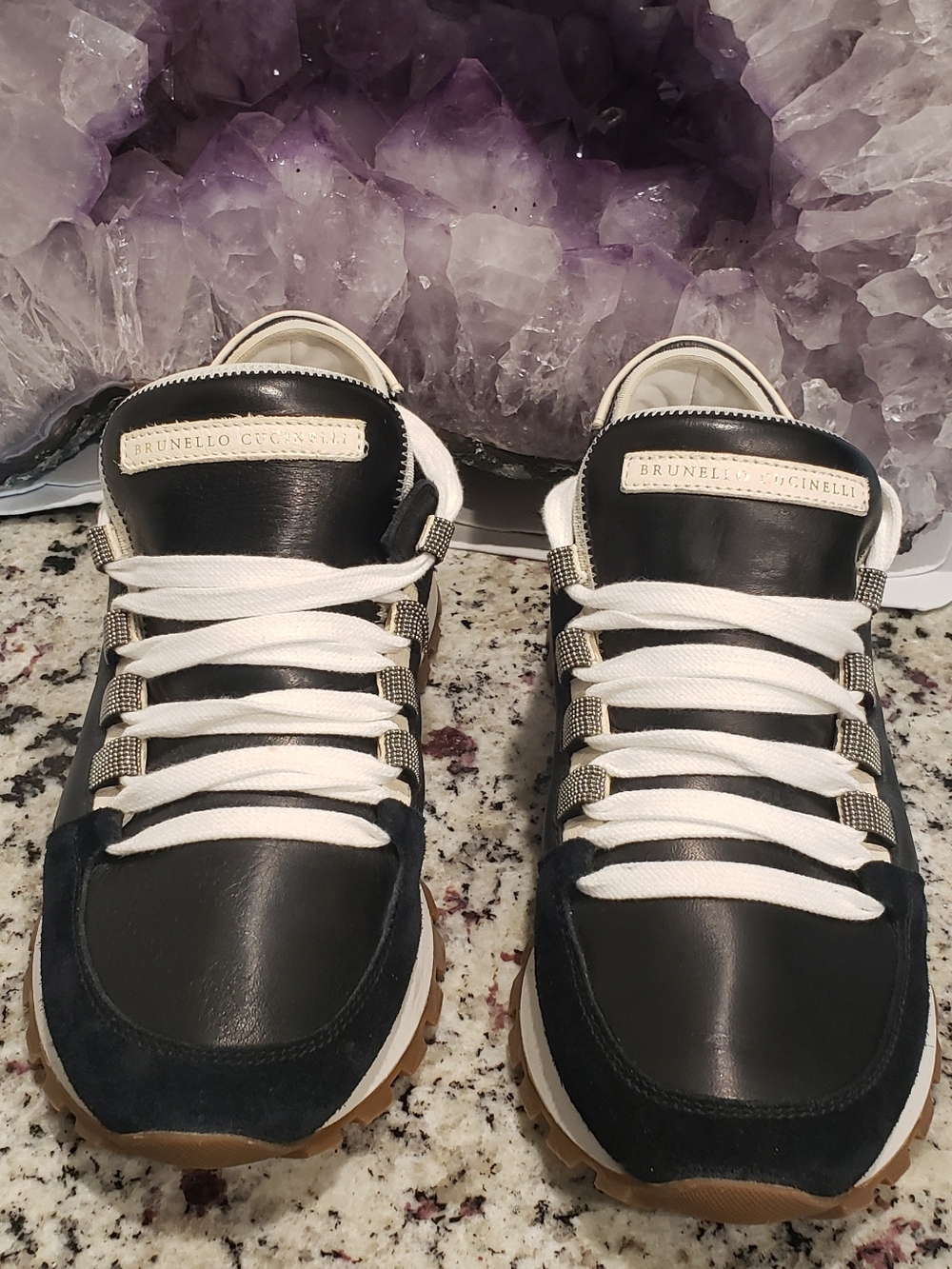Brunello Cucinelli Monili-Trim Leather and Suede Low-Top Sneakers
